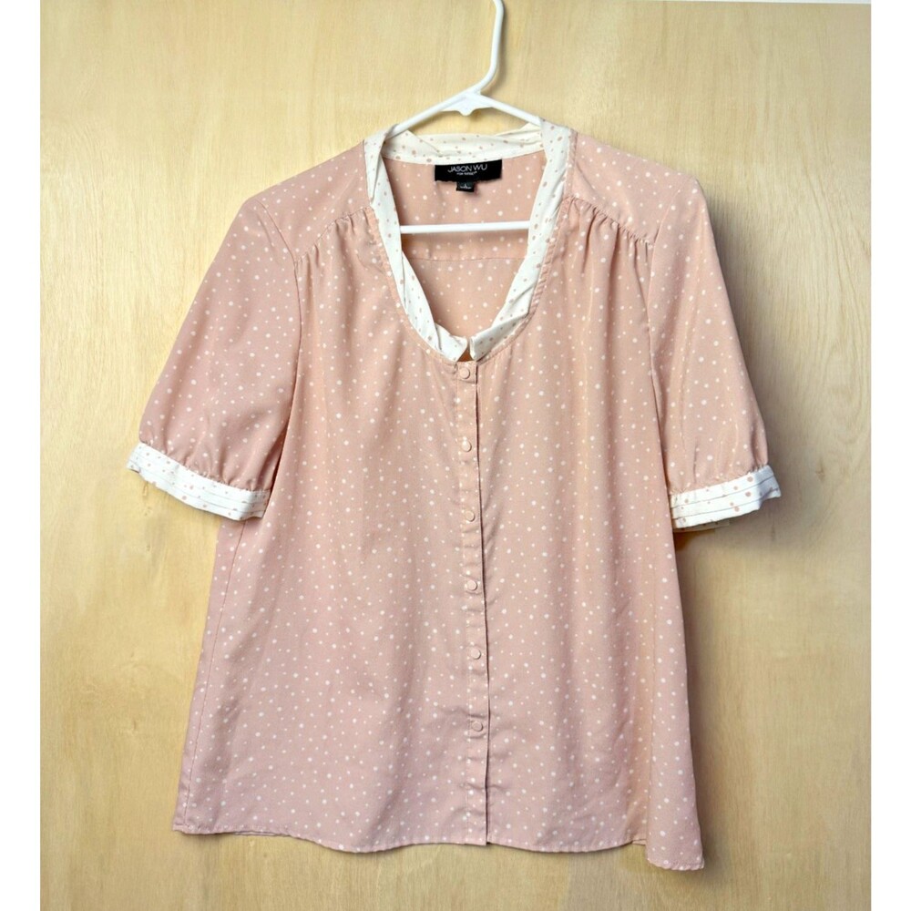 Jason Wu for Target Womens Blouse Pink White Polka Dot Short Sleeve Snaps L